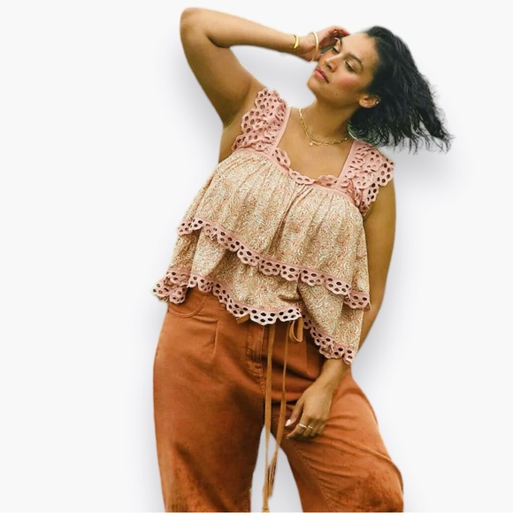 ANTHROPOLOGIE Let Me Be Layered Ruffle Peach Eyelet Swing Top Feminine Blouse - Picture 11 of 16